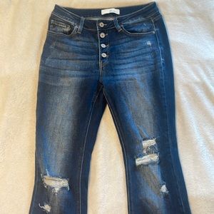 Kancan distressed, button up, high rise, flare, denim jeans size 29 or size 11